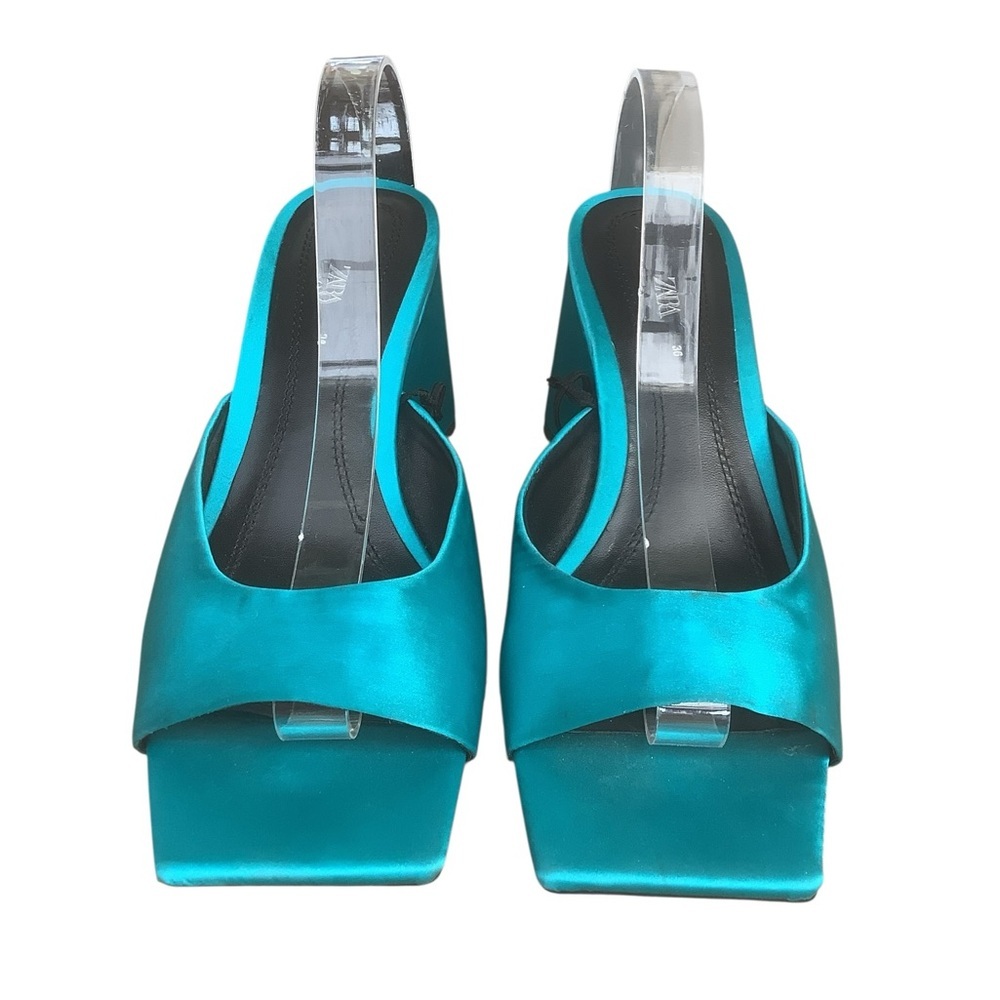 Zara Satin Teal Mule Heels Square Toe Slip On Sandals NWT Sz 6 (36) - Picture 2 of 8